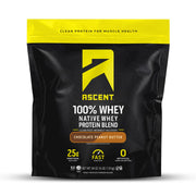 Ascent 100% whey protein tub front view with chocolate peanut butter flavor, post-workout refreshment