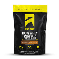 Ascent 100% Whey Protein Powder front label highlights gluten-free, clean ingredients for everyday workouts.