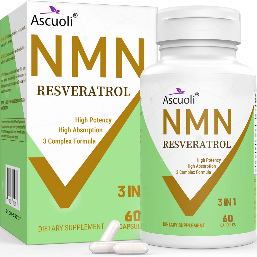 Ascuoli NMN bottle label shows 99% purity for premium antioxidant support.