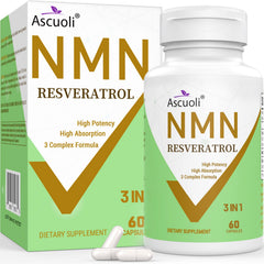 Ascuoli NMN bottle label shows 99% purity for premium antioxidant support.