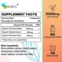 Ascuoli label with organic sea moss, bladderwrack, and burdock ingredients