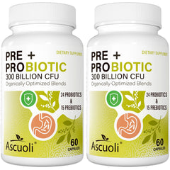 Ascuoli Probiotics bottle with 300B CFU supports daily digestive balance and comfortable regularity.