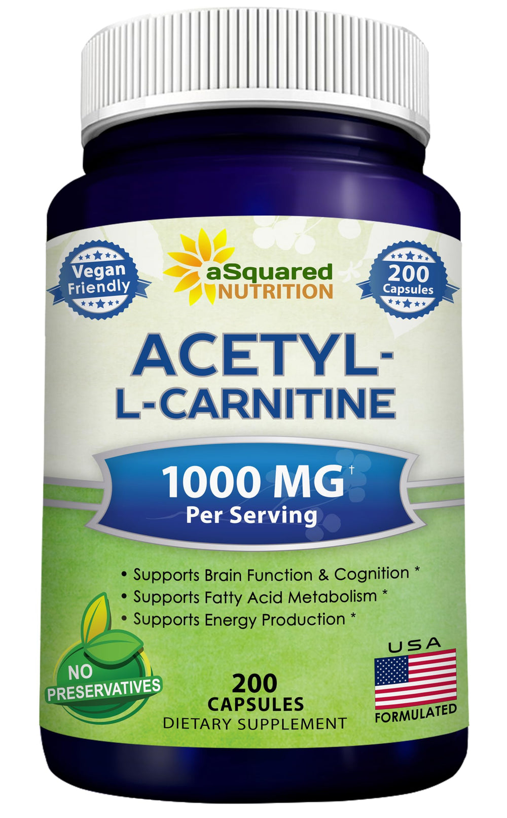 asquared Nutrition Acetyl L-Carnitine bottle front shows max strength for energy support