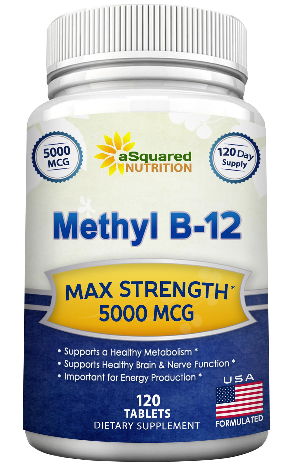 asquared nutrition vitamin b12-5000mcg bottle front promotes energy support