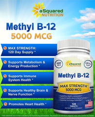 asquared nutrition vitamin b12-5000mcg bottle label close-up highlighting methylcobalamin form for energy support