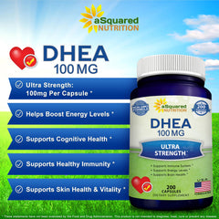 aSquared Nutrition DHEA 100mg label detail confirms USA GMP-compliant formulation