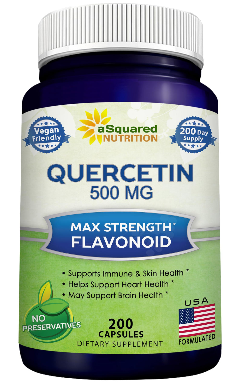 aSquared Nutrition Quercetin 500mg bottle front view may support immune response