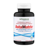 AstaMatrix algal omega-3 bottle front with vegan softgels for sustainable daily omega-3 support.