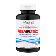 AstaMatrix algal omega-3 bottle front with vegan softgels for sustainable daily omega-3 support.