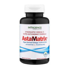 AstaMatrix algal omega-3 bottle front with vegan softgels for sustainable daily omega-3 support.