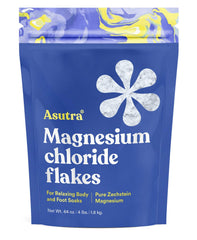 ASUTRA Magnesium Chloride Bath Flakes bottle highlights premium purity for relaxing bath soaks.