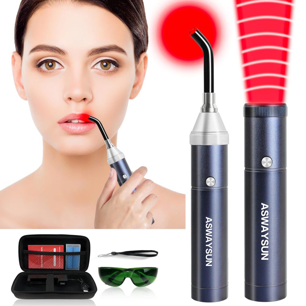 Aswaysun infrared therapy face: gentle red light for facial rejuvenation and skin conditioning.