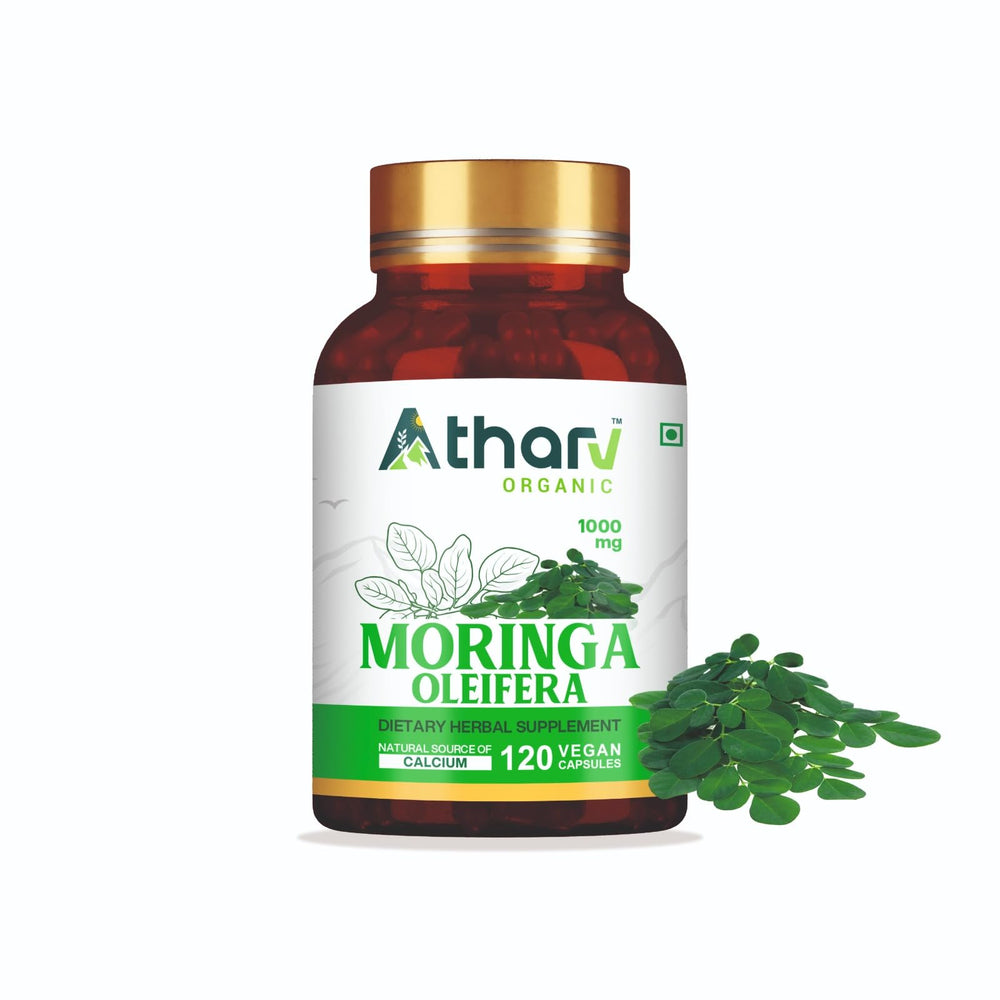 Atharv Organic Moringa Capsules bottle front view supports daily plant-based wellness.