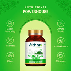 Atharv Organic Moringa Capsules close-up shows 1000 mg per serving for energy.