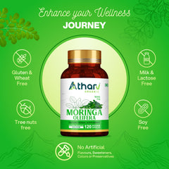Atharv Organic Moringa Capsules label detail highlights vegan, gluten-free formula.