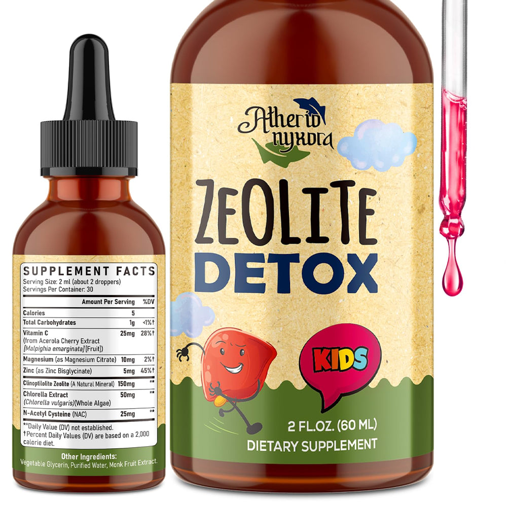 Atherionyxora Zeolite Detox for Kids bottle with kid-friendly dosing on the label.