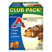 Atkins Caramel Chocolate Nut Roll bar in wrapper, keto-friendly snack option.