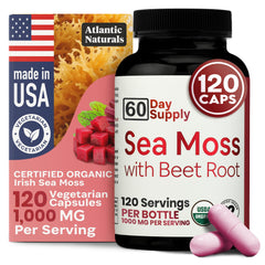 Atlantic Naturals Sea Moss with Beet Root bottle promotes daily wellness and energy support.