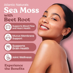 Atlantic Naturals Sea Moss with Beet Root label highlights premium ingredients for balanced nutrition.