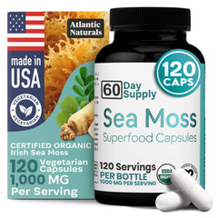 Atlantic Naturals Sea Moss Capsules bottle on countertop for daily energy support.