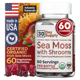 Atlantic Naturals Sea Moss Gummies with Lions Mane bottle, convenient daily supplement for energy and focus.