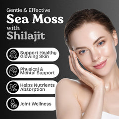 Atlantic Naturals Sea Moss Shilajit capsules label close-up highlights the 5-in-1 formula for balanced nutrition.