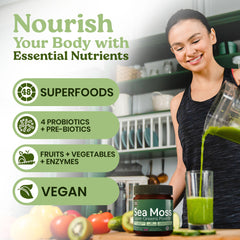 Scoop of Atlantic Naturals Sea Moss Super Greens next to the jar for convenient serving.