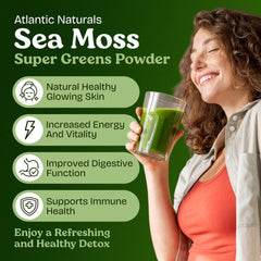 Atlantic Naturals Sea Moss Super Greens being added to a smoothie for a quick energy boost.