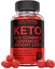 Atlantis Nutrition Keto ACV Gummies bottle on counter promoting easy daily intake.