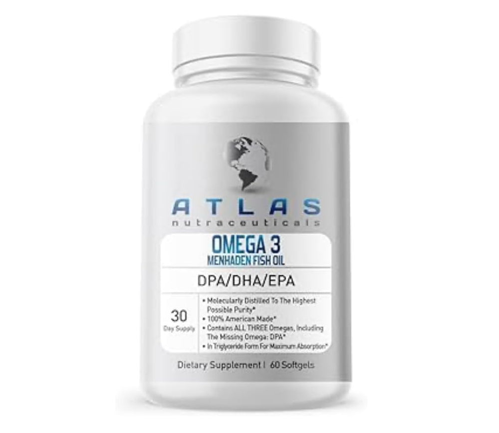 Atlas Nutraceuticals Menhaden Oil bottle highlights sustainable sourcing and omega-3 potency.