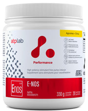 ATP LAB E-Nos 330g citrus powder tub front for pre-workout use