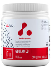 ATP LAB Glutamed bottle front highlighting pharmaceutical-grade glutamine for gut health support.
