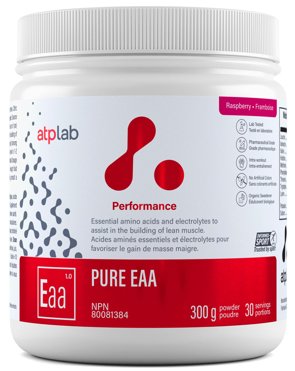 ATP LAB Pure EAA Powder raspberry canister supports active recovery after workouts.