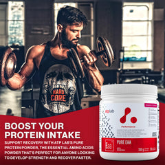 ATP LAB Pure EAA Powder scoop beside canister for precise post-workout dosing.