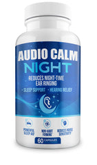 Close-up of Audio Calm Night label showing organic formula and gentle sleep aid