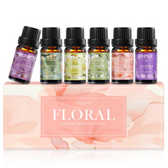 Auelife floral essential oils set displayed as a full bottle lineup for diffusing and home fragrance.