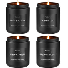 Auelife leather candle in a black jar enhances masculine home décor.