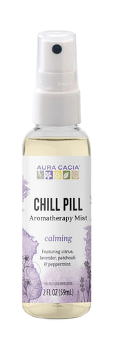 Aura Cacia Chill Pill mist bottle pour calms the room with lavender-orange aroma.