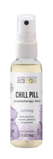Aura Cacia Chill Pill mist bottle pour calms the room with lavender-orange aroma.
