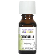 Aura Cacia citronella Java essential oil bottle for outdoor fragrance and natural ambiance.