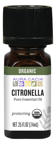 Aura Cacia citronella oil bottle showing pure organic content for aromatherapy.