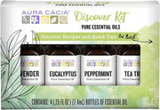 Aura Cacia Discover essential oils kit lavender bottle for calming diffusions and blends.