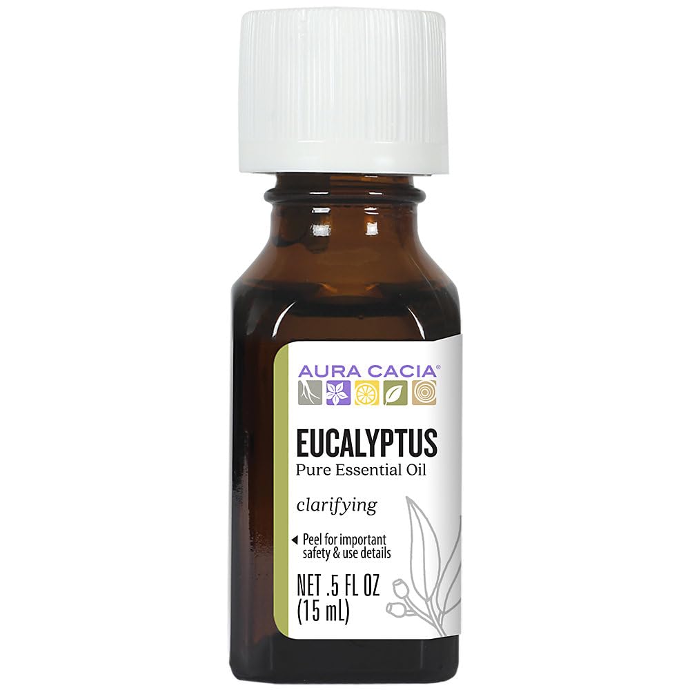 Aura Cacia Eucalyptus bottle label closeup showing pure essential oil for authentic aroma