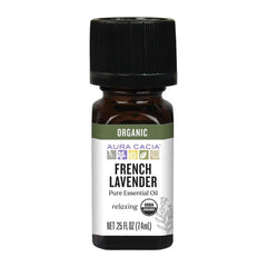 Aura Cacia French Lavender essential oil bottle for diffuser use and soothing skincare.