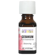 Aura Cacia Geranium essential oil bottle ideal for DIY skincare blends with fresh floral aroma