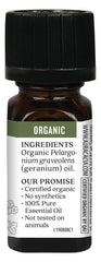 Organic certification seal on Aura Cacia Geranium Oil packaging.