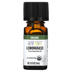 Aura Cacia lemongrass essential oil bottle pour, diffusion-ready aroma