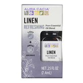 Aura Cacia Linen bottle front shows pure essential oils for a light, refreshing aroma.