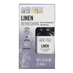 Aura Cacia Linen bottle front shows pure essential oils for a light, refreshing aroma.