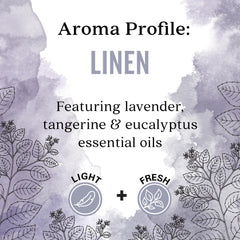 Aura Cacia Linen fabric spray misting on sheets and pillows for a fresh lift.